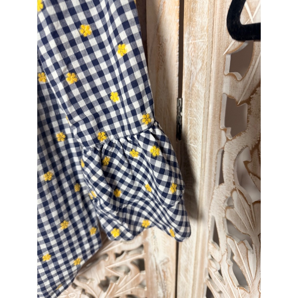 Talbots Womens Navy White Gingham Yellow Embroidered Flower Bell Sleeve Blouse L - Picture 3 of 8